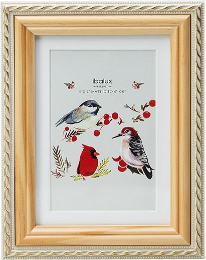 5x7 Picture Frame Pine Wood with Real Glass, Gold-Toned Synthetic Rope Edging, Matted to 4x6, Vertical and Horizontal for Tabletop or Wall Hanging,...