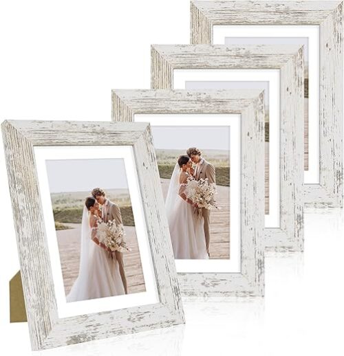 5x7 Picture Frame Set of 4, Made of Real Glass and Distressed White Wooden Frame, 5 by 7 Photo for Wall or Tabletop - Display Picture 4x6 with Mat...