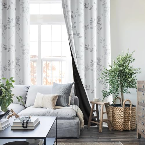Beauoop Floral 100% Blackout Curtains 84 Inches Long 2 Panels for Bedroom Living Room Grey White Flower Patterned Room Darkening Thermal Insulated...