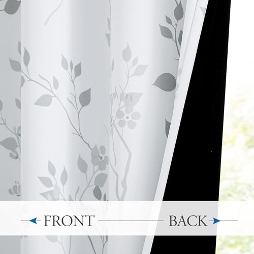 Beauoop Floral 100% Blackout Curtains 84 Inches Long 2 Panels for Bedroom Living Room Grey White Flower Patterned Room Darkening Thermal Insulated...