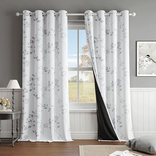 Beauoop Floral 100% Blackout Curtains 84 Inches Long 2 Panels for Bedroom Living Room Grey White Flower Patterned Room Darkening Thermal Insulated...