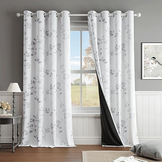 Beauoop Floral 100% Blackout Curtains 84 Inches Long 2 Panels for Bedroom Living Room Grey White Flower Patterned Room Darkening Thermal Insulated...
