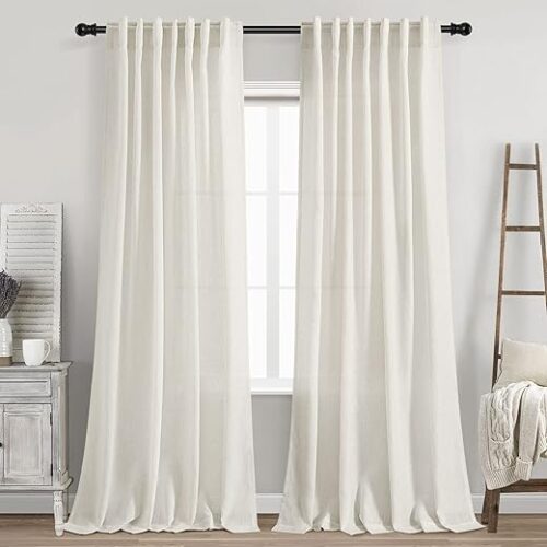 Cream Linen Back Tab Curtains 84 Inch Length for Living Room 2 Panel Set Neutral Modern Farmhouse Window Privacy Semi Sheer Linen Drapes Rustic...