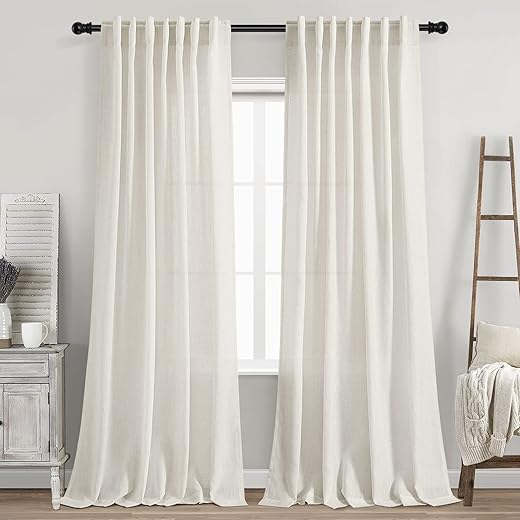 Cream Linen Back Tab Curtains 84 Inch Length for Living Room 2 Panel Set Neutral Modern Farmhouse Window Privacy Semi Sheer Linen Drapes Rustic...
