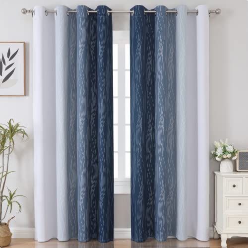 Estelar Textiler Navy Blue and Greyish White Blackout Curtains for Bedroom 84 Inches Long, Full Room Darkening Grommet Curtains for Living...