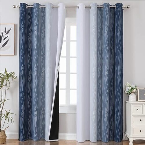 Estelar Textiler Navy Blue and Greyish White Blackout Curtains for Bedroom 84 Inches Long, Full Room Darkening Grommet Curtains for Living...