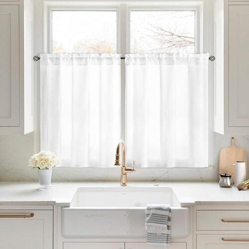HOMEIDEAS Non-See-Through White Privacy Sheer Kitchen Curtains, 30 X 36 Inches Long 2 Panels Short Sheer Curtains Light Filtering Bathroom Window...