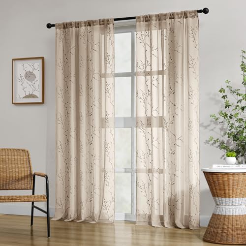 HOMEIDEAS Taupe Sheer Curtains 52 X 84 Inches Length 2 Panels Embroidered Branch Pattern Pocket Faux Linen Floral Semi Sheer Voile Window... HOMEIDEAS Taupe Sheer Curtains 52 X 84 Inches Length 2 Panels Embroidered Branch Pattern Pocket Faux Linen Floral Semi Sheer Voile Window...