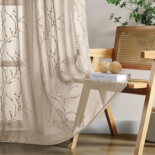 HOMEIDEAS Taupe Sheer Curtains 52 X 84 Inches Length 2 Panels Embroidered Branch Pattern Pocket Faux Linen Floral Semi Sheer Voile Window...