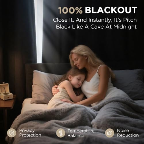 Joydeco 100% Blackout Curtains 84 Inch Length 2 Panels Set, Room Darkening Curtains for Bedroom, Grommets 100% Black Out Textured Thermal Light...