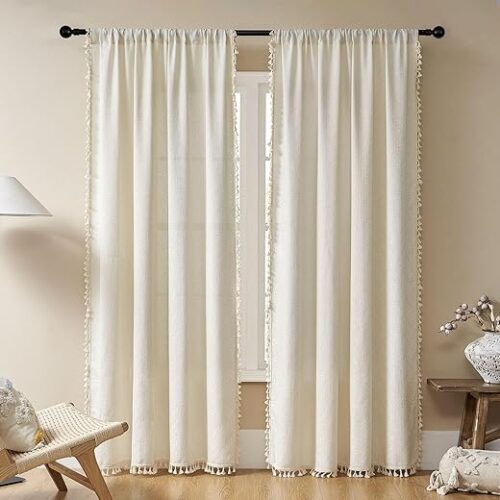 Joydeco Beige Boho Curtains 84 Inch Length 2 Panels, Super Soft Bohemian Farmhouse Curtains with Tassels, Semi Sheer Light Filtering Drapes for...