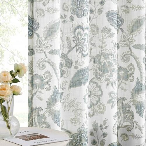 Kayne Studio Backtab Rod Pocket Jacobean Floral Semi Sheer Curtains Boho Botanical Leaf Printed Vintage Farmhouse Blue Grey Light Filtering Window...