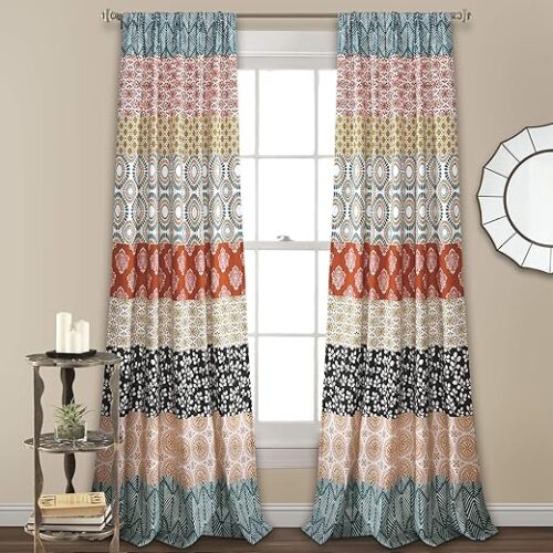 Lush Decor Bohemian Stripe Window Curtain Panels, Pair 52" W x 95" L Turquoise & Orange - Light Filtering Curtains for Bedroom - Boho Curtains -...