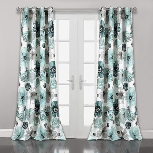 Lush Decor Leah Light Filtering Window Curtain Panels, Pair, 52" W x 84" L, Blue - Floral Drapes for Bedroom - Blue Curtains - Farmhouse Decor