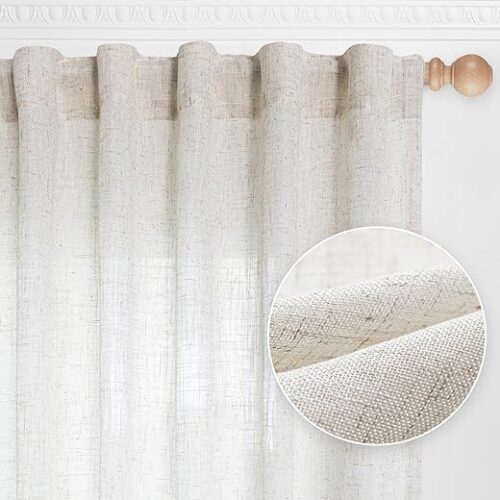 MYSKY HOME Linen Curtains for Living Room, Natural Semi Sheer Curtains & Drapes 84 inches Length 2 Panels Set Farmhouse Country Boho Style Back Tab...