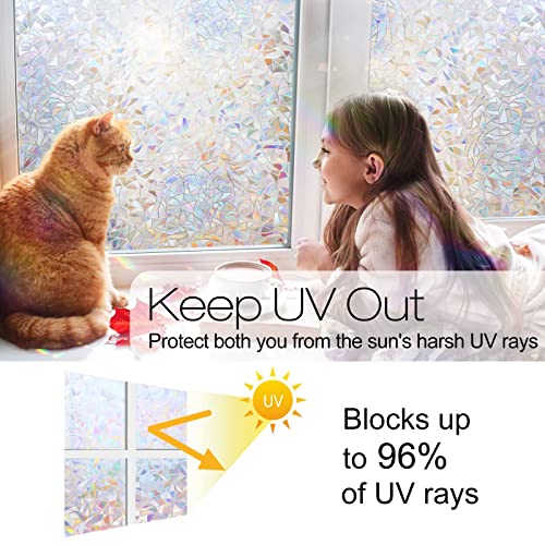 rabbitgoo Window Privacy Film Rainbow Film Decorative Window Sticker, 3D Static Stained Glass Cling Tint for Home Heat Control Non-Adhesive, 17.5 x...