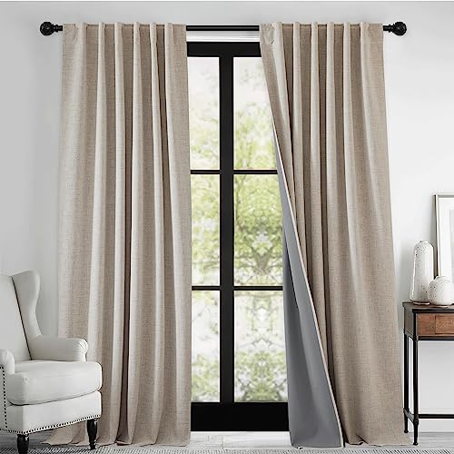 RYB HOME Linen Textured 100% Blackout Curtains for Bedroom, Insulating Energy Saving Window Curtains for Living Room Dining Patio Sliding Glass...
