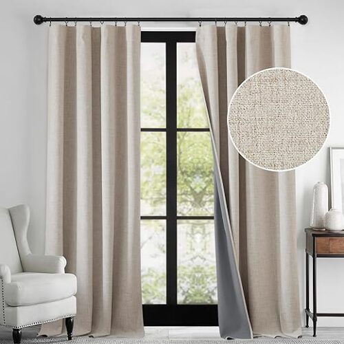 RYB HOME Linen Textured 100% Blackout Curtains for Bedroom, Insulating Energy Saving Window Curtains for Living Room Dining Patio Sliding Glass...