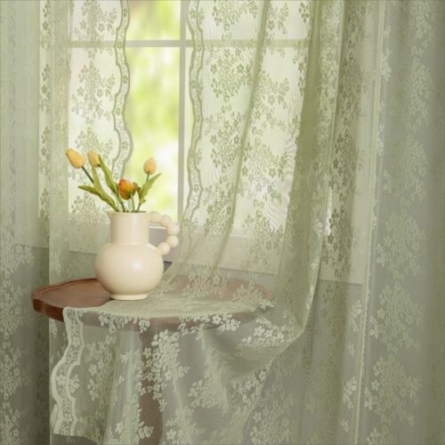 Sage Lace Green Curtains 63 Inch Length for Bedroom 2 Panels Elegant Flowered Light Filtering Semi Sheer Embroiderd Drapes for Living Room Dining...