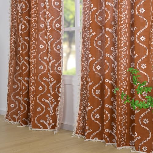 Schweek Boho Terracotta Curtains for Living Room 63 Inches Long Semi Sheer Linen Floral Curtains Vintage Farmhouse Window Curtain 2 Panel Sets for...