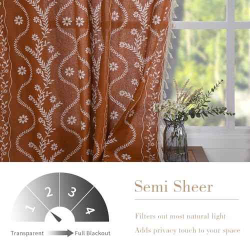 Schweek Boho Terracotta Curtains for Living Room 63 Inches Long Semi Sheer Linen Floral Curtains Vintage Farmhouse Window Curtain 2 Panel Sets for...