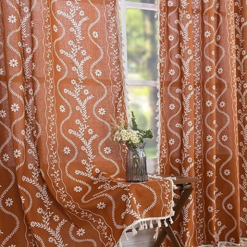 Schweek Boho Terracotta Curtains for Living Room 63 Inches Long Semi Sheer Linen Floral Curtains Vintage Farmhouse Window Curtain 2 Panel Sets for...