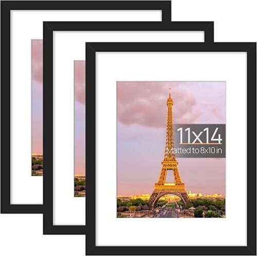 upsimples 11x14 Picture Frame Set of 3, Made of High Definition Glass for 8x10 with Mat or 11x14 Without Mat, Wall and Tabletop Display Photo...