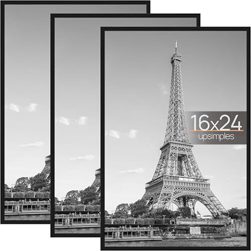 upsimples 16x24 Picture Frame Black 3 Pack, Scratch-Proof Poster Frames 16 x 24 for Photo Gallery - Slide-In Strips, Horizontal or Vertical Wall...