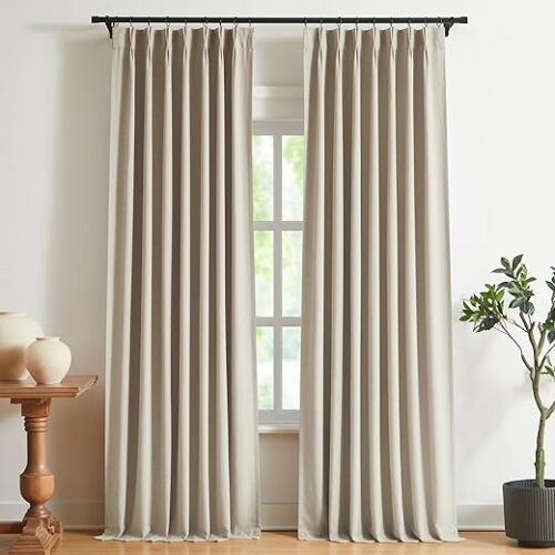 Vision Home Sand Pinch Pleated Full Blackout Curtains Linen Blended Room Darkening Window Curtains 95 inch for Living Room Bedroom Thermal...