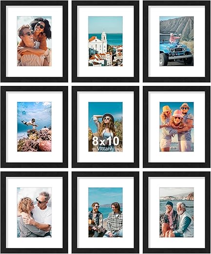 Vittanly 8x10 Picture Frames Set of 9, Shatter Resistant Plexiglass, Display 5x7 Pictures with Mat or 8x10 without Mat, Photo Frames for Wall or...