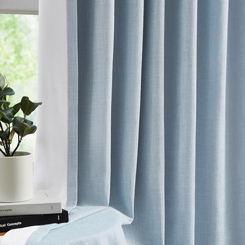 WEST LAKE 90 Inches Length Dusty Blue Pinch Pleated 100 Blackout Curtain Panels with Liners,Linen Textured Drapes for Bedroom Living Room,Energy...