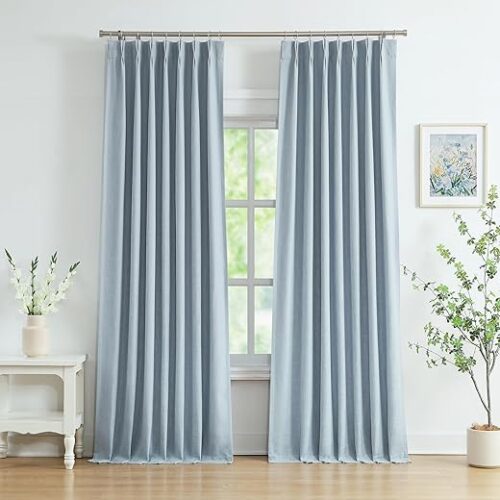 WEST LAKE 90 Inches Length Dusty Blue Pinch Pleated 100 Blackout Curtain Panels with Liners,Linen Textured Drapes for Bedroom Living Room,Energy...