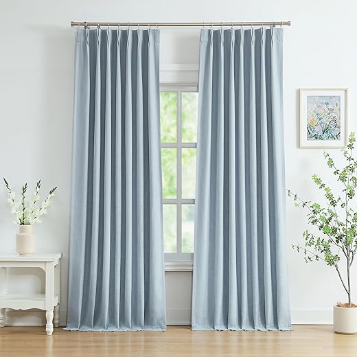 WEST LAKE 90 Inches Length Dusty Blue Pinch Pleated 100 Blackout Curtain Panels with Liners,Linen Textured Drapes for Bedroom Living Room,Energy...