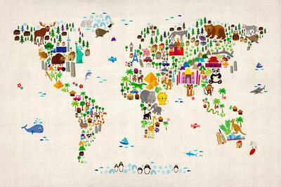 Animal Map of the World - Wall Art Print, 18x12 Animal Map of the World - Wall Art Print, 18x12