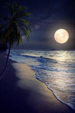 Beautiful Fantasy Tropical Beach with Milky Way Star in Night Skies, Full Moon - Retro Style Artwor - Photographic Print, 8x12