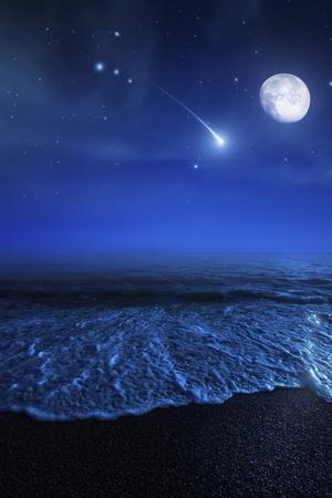 Tranquil Ocean at Night Against Starry Sky, Moon and Falling Meteorite - Photographic Print, 12x18 Tranquil Ocean at Night Against Starry Sky, Moon and Falling Meteorite - Photographic Print, 12x18